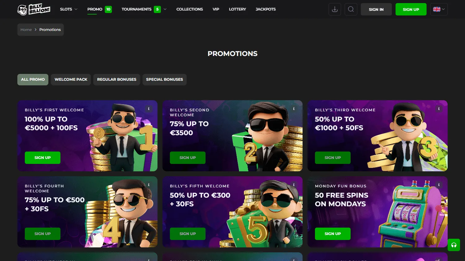 Billy Billion Casino desktop promotions screen