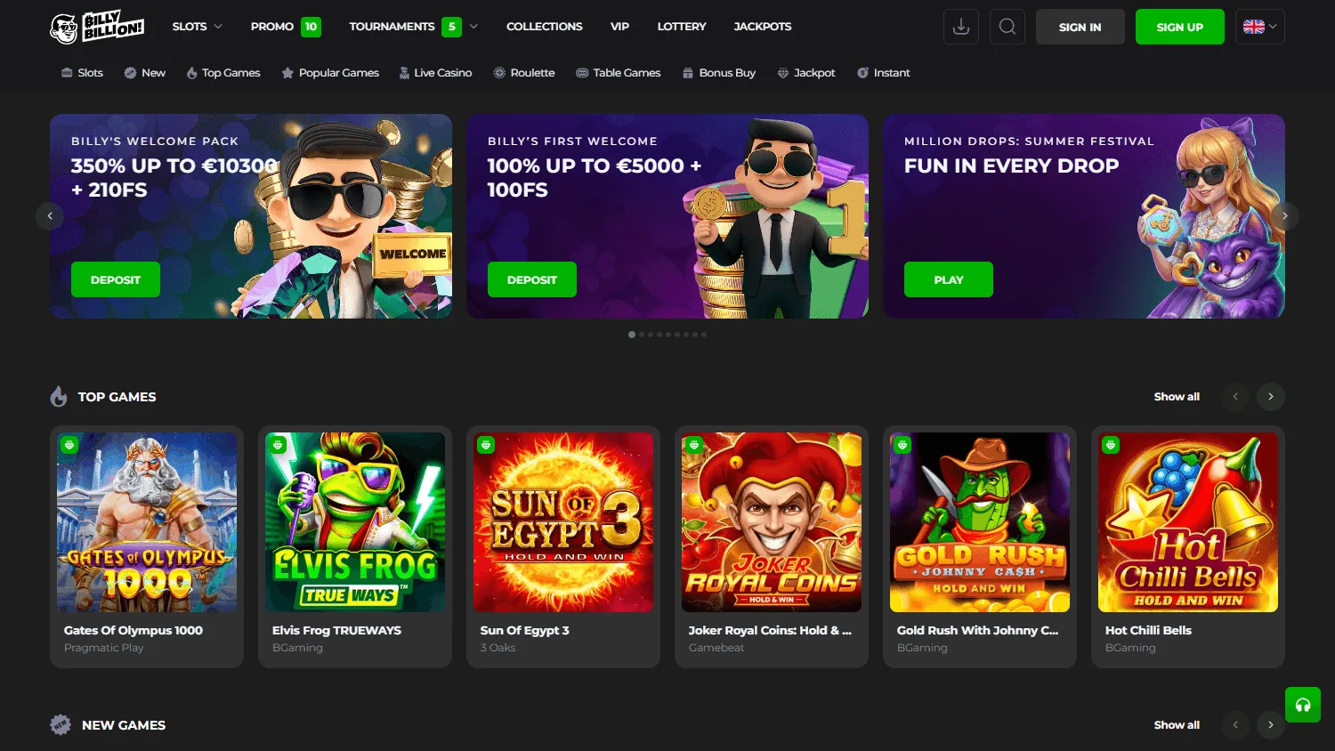 Billy Billion Casino desktop home screen