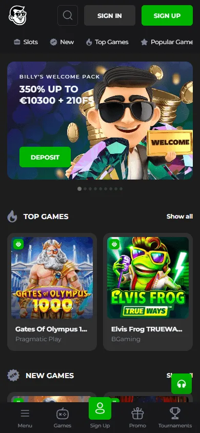 Billy Billion Casino mobile home screen