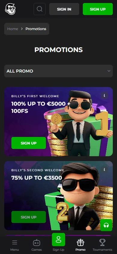 Billy Billion Casino mobile promotions screen